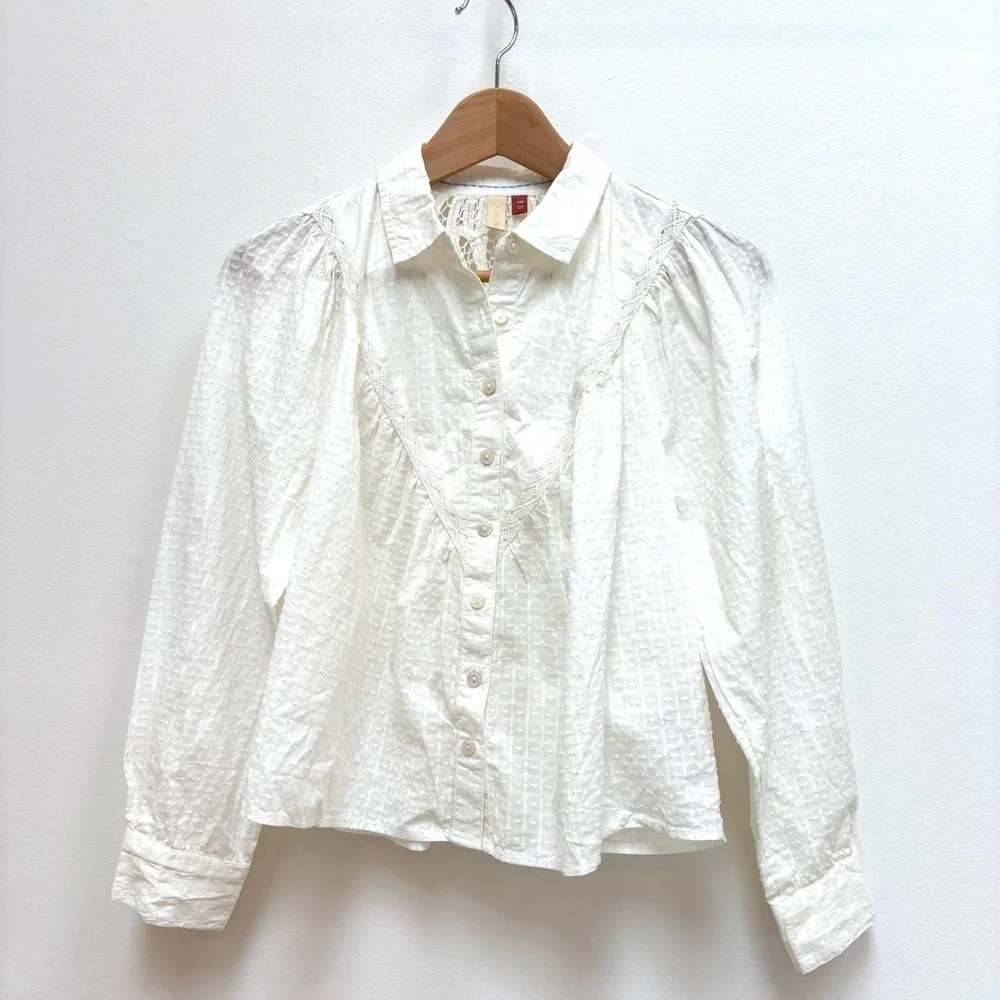 Anthropologie Pilcro Lace Back Button Down Blouse Cottagecore Ivory XSP NEW
